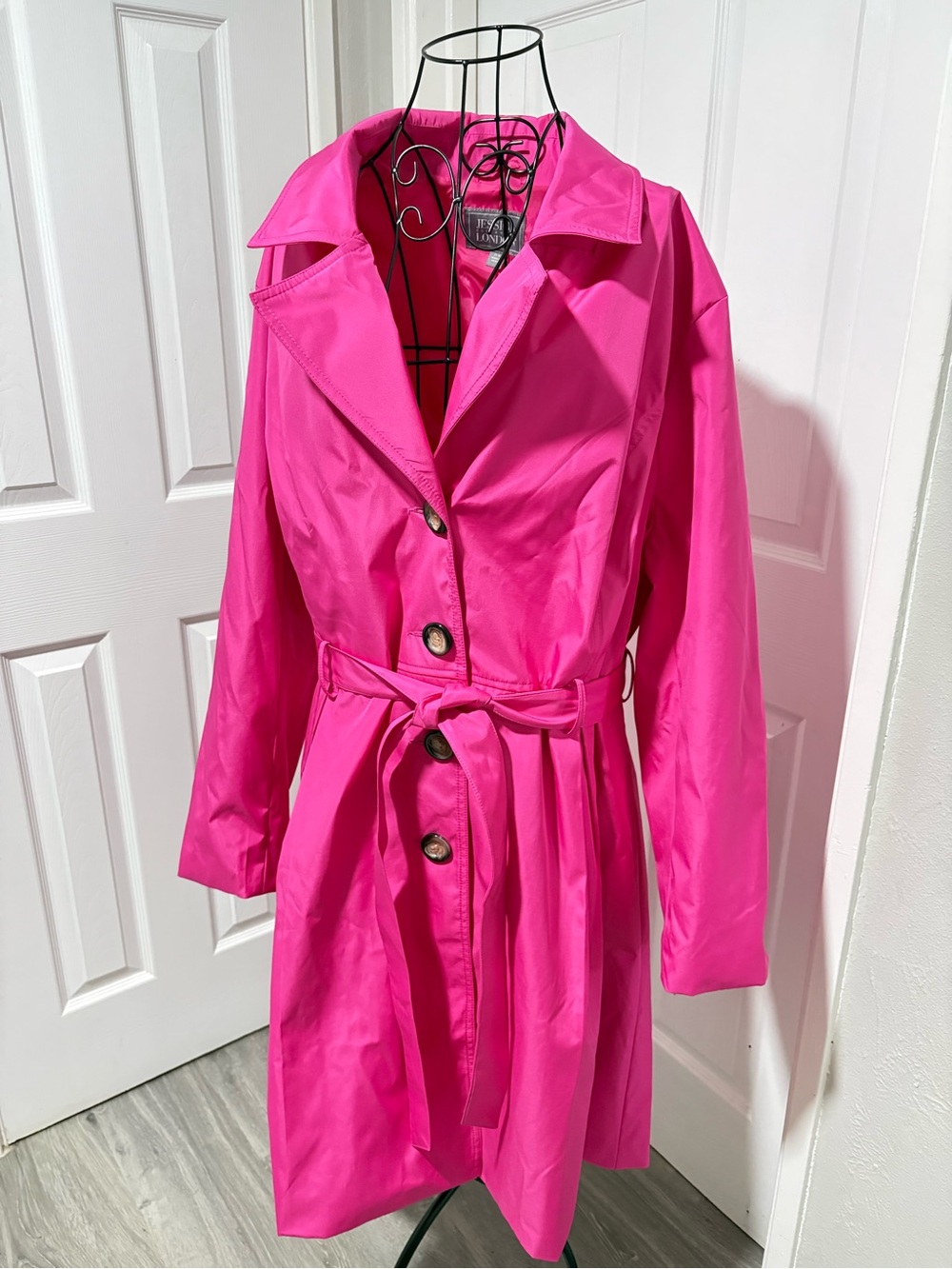 NEW Jessica London Hot Pink Belted Waterproof Long Trench Coat